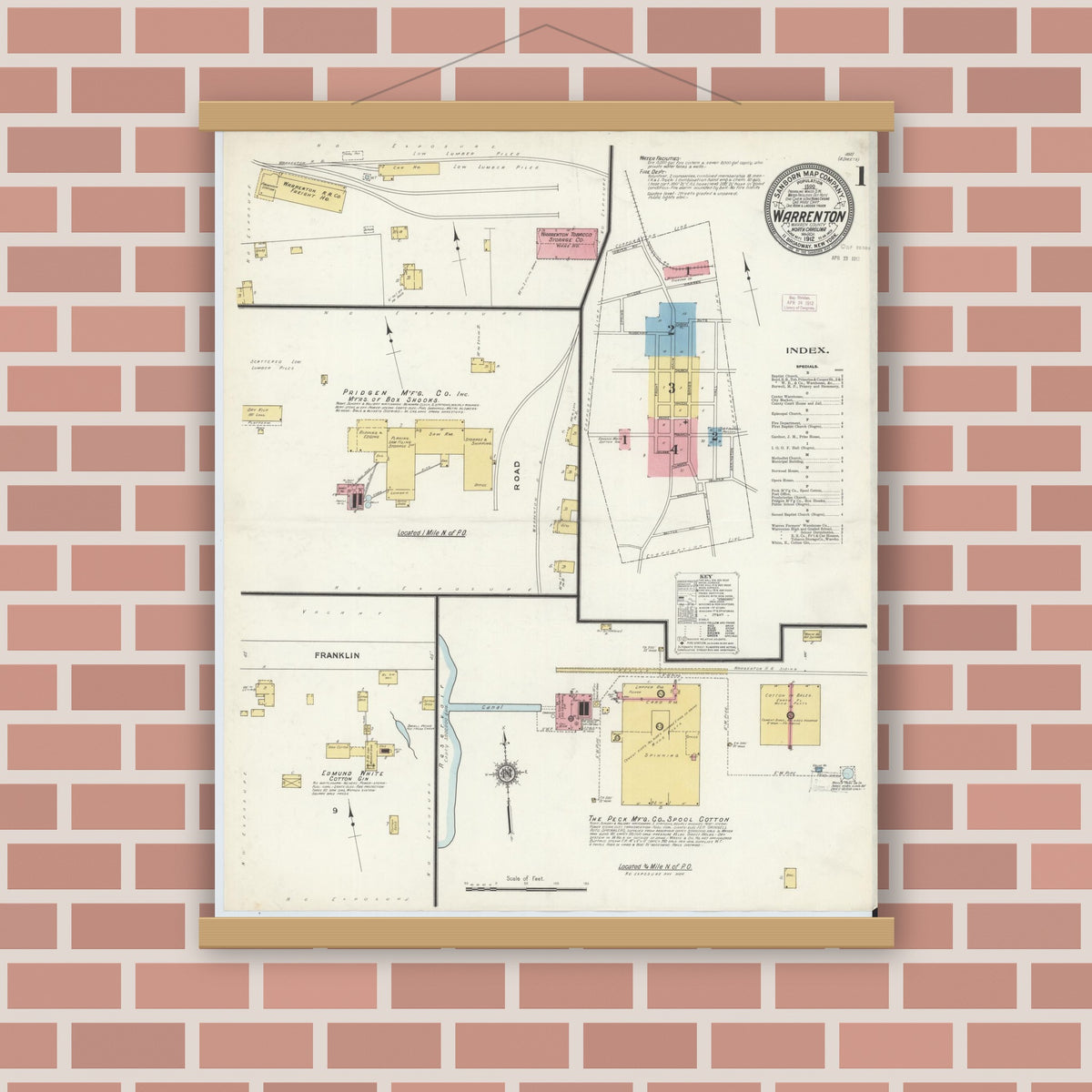 Old map wall art mockup — magnetic wood frame on brick wall — Sanborn Fire Insurance Map from Warrenton, Warren County, North Carolina (1912) - Complete Map Set