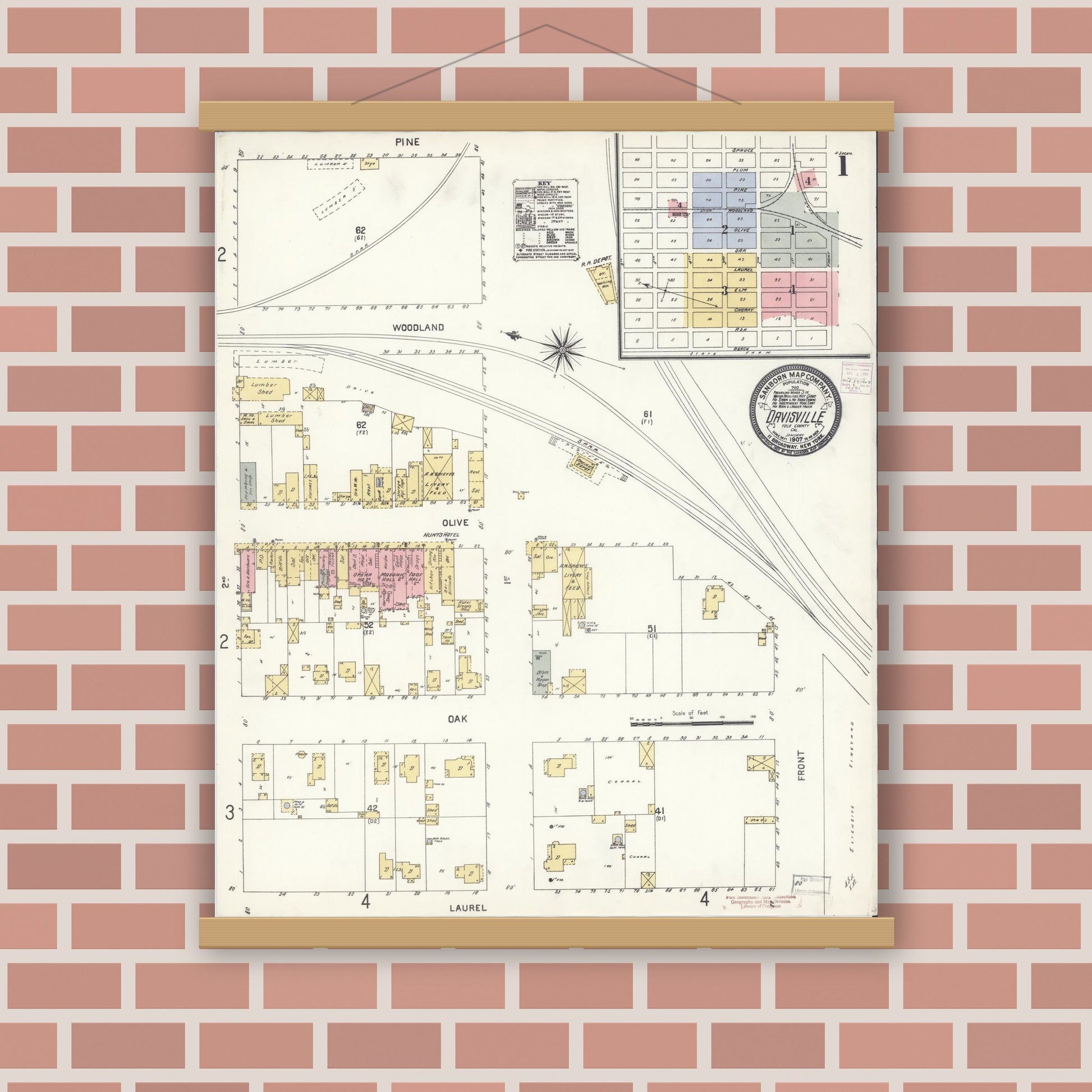 Old map wall art mockup — magnetic wood frame on brick wall — Sanborn Fire Insurance Map from Davis, Yolo County, California (1907) - Complete Map Set