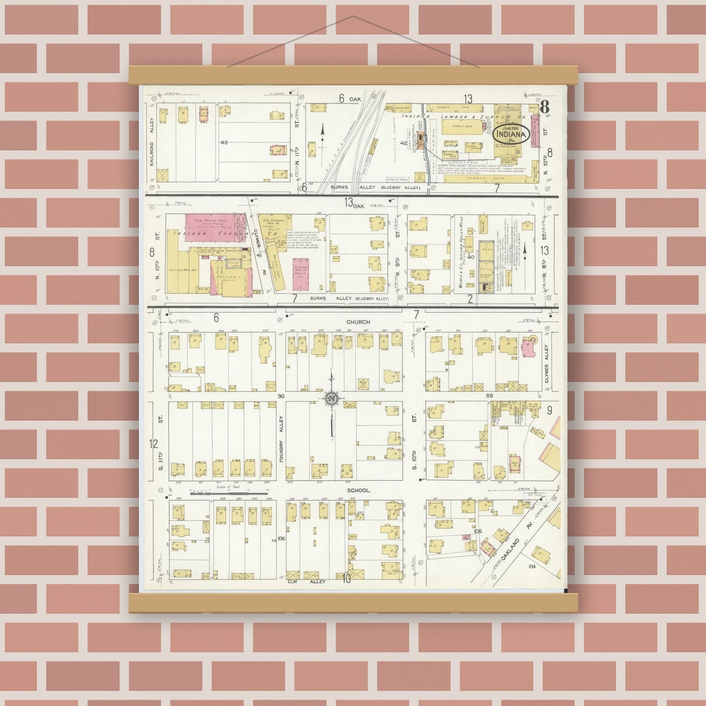 Old map wall art mockup — magnetic wood frame on brick wall — Sanborn Fire Insurance Map from Indiana, Indiana County, Pennsylvania (1916), Sheet #0008