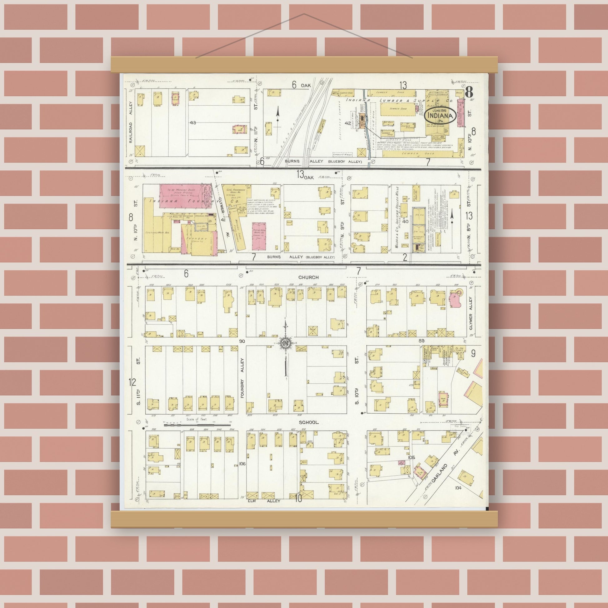 Old map wall art mockup — magnetic wood frame on brick wall — Sanborn Fire Insurance Map from Indiana, Indiana County, Pennsylvania (1916), Sheet #0008