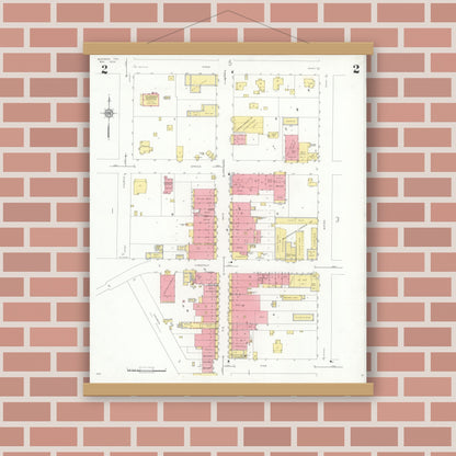Old map wall art mockup — magnetic wood frame on brick wall — Sanborn Fire Insurance Map from Bastrop, Bastrop County, Texas (1934), Sheet #0002