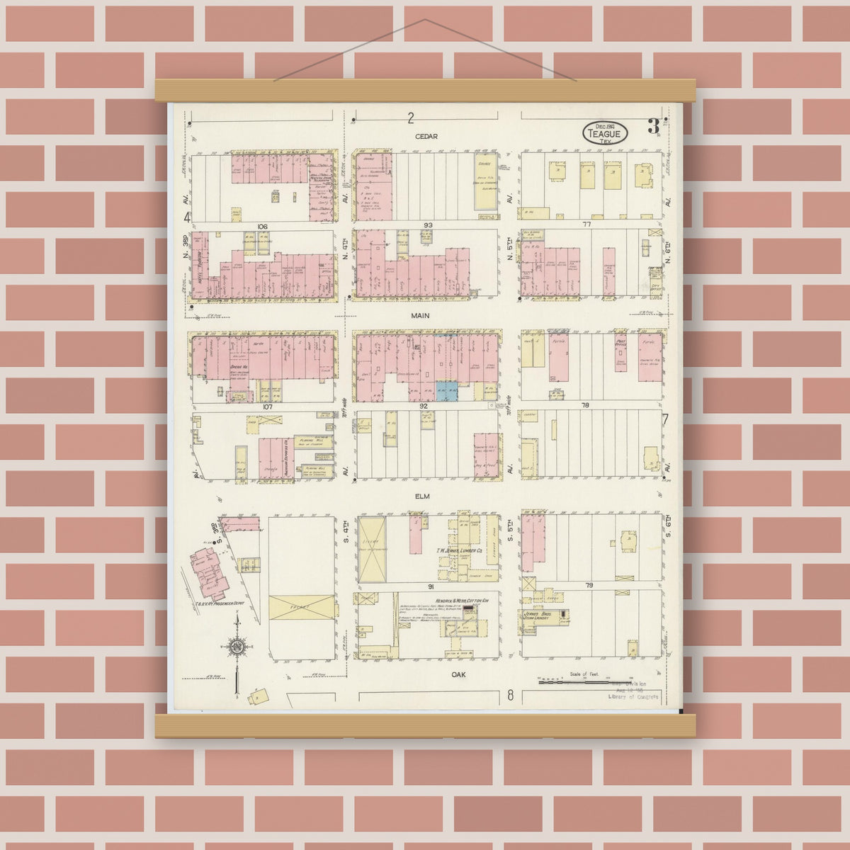 Old map wall art mockup — magnetic wood frame on brick wall — Sanborn Fire Insurance Map from Teague, Freestone County, Texas (1914), Sheet #0003