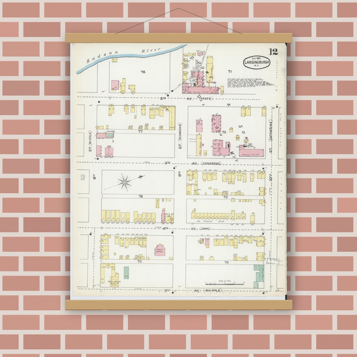 Old map wall art mockup — magnetic wood frame on brick wall — Sanborn Fire Insurance Map from Lansingburg, Rensselaer County, New York (1892), Sheet #0012