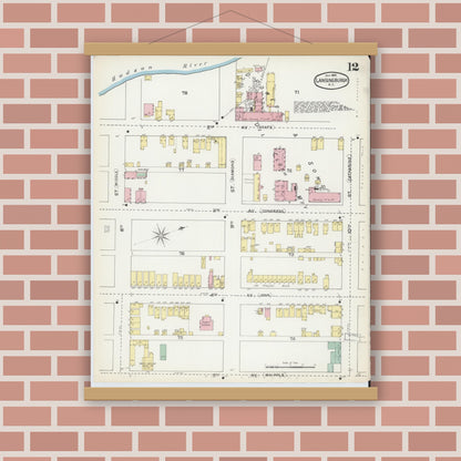 Old map wall art mockup — magnetic wood frame on brick wall — Sanborn Fire Insurance Map from Lansingburg, Rensselaer County, New York (1892), Sheet #0012