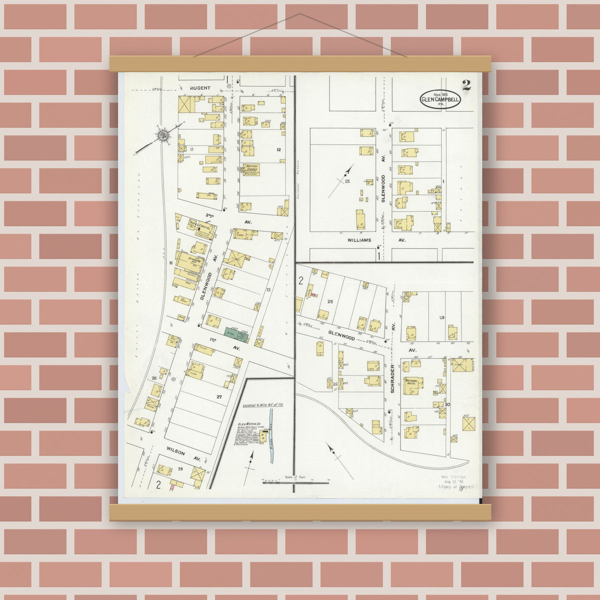 Old map wall art mockup — magnetic wood frame on brick wall — Sanborn Fire Insurance Map from Glen Campbell, Indiana County, Pennsylvania (1910), Sheet #0002