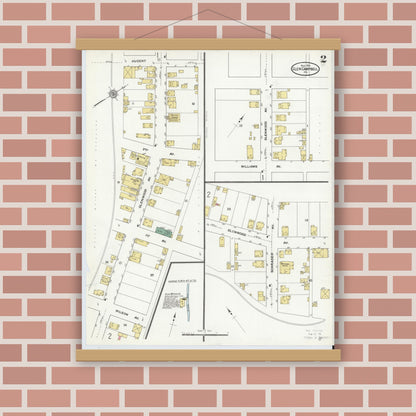 Old map wall art mockup — magnetic wood frame on brick wall — Sanborn Fire Insurance Map from Glen Campbell, Indiana County, Pennsylvania (1910), Sheet #0002
