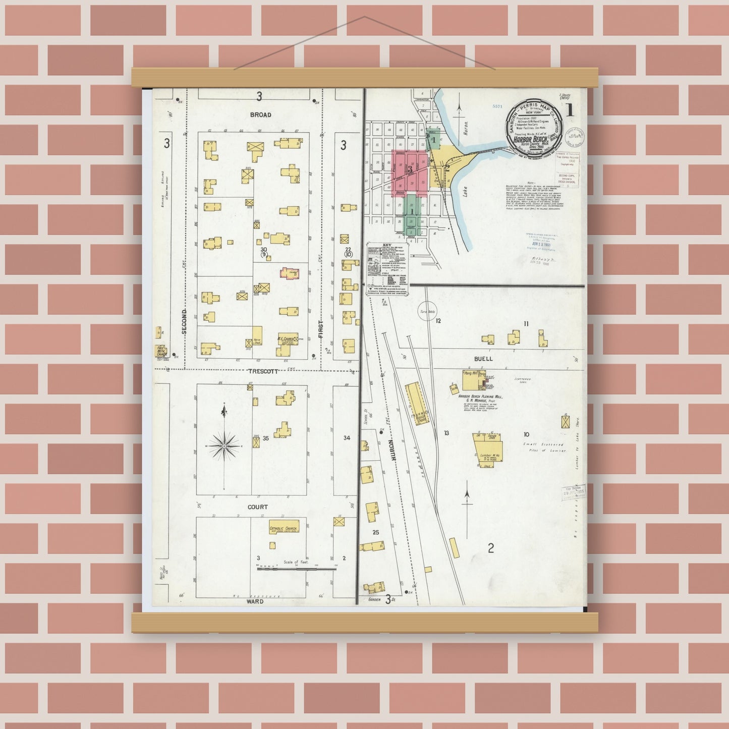 Old map wall art mockup — magnetic wood frame on brick wall — Sanborn Fire Insurance Map from Harbor Beach, Huron County, Michigan (1900) - Complete Map Set