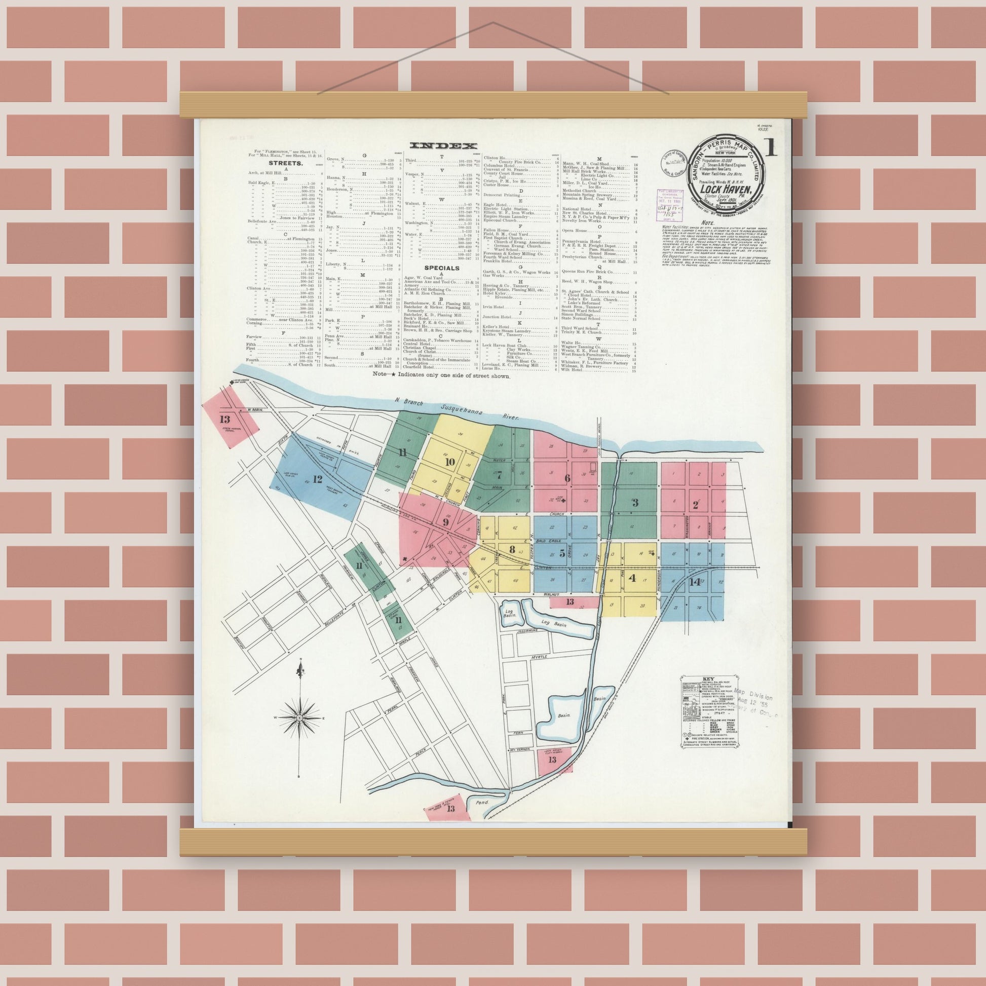 Old map wall art mockup — magnetic wood frame on brick wall — Sanborn Fire Insurance Map from Lock Haven, Clinton County, Pennsylvania (1901) - Complete Map Set