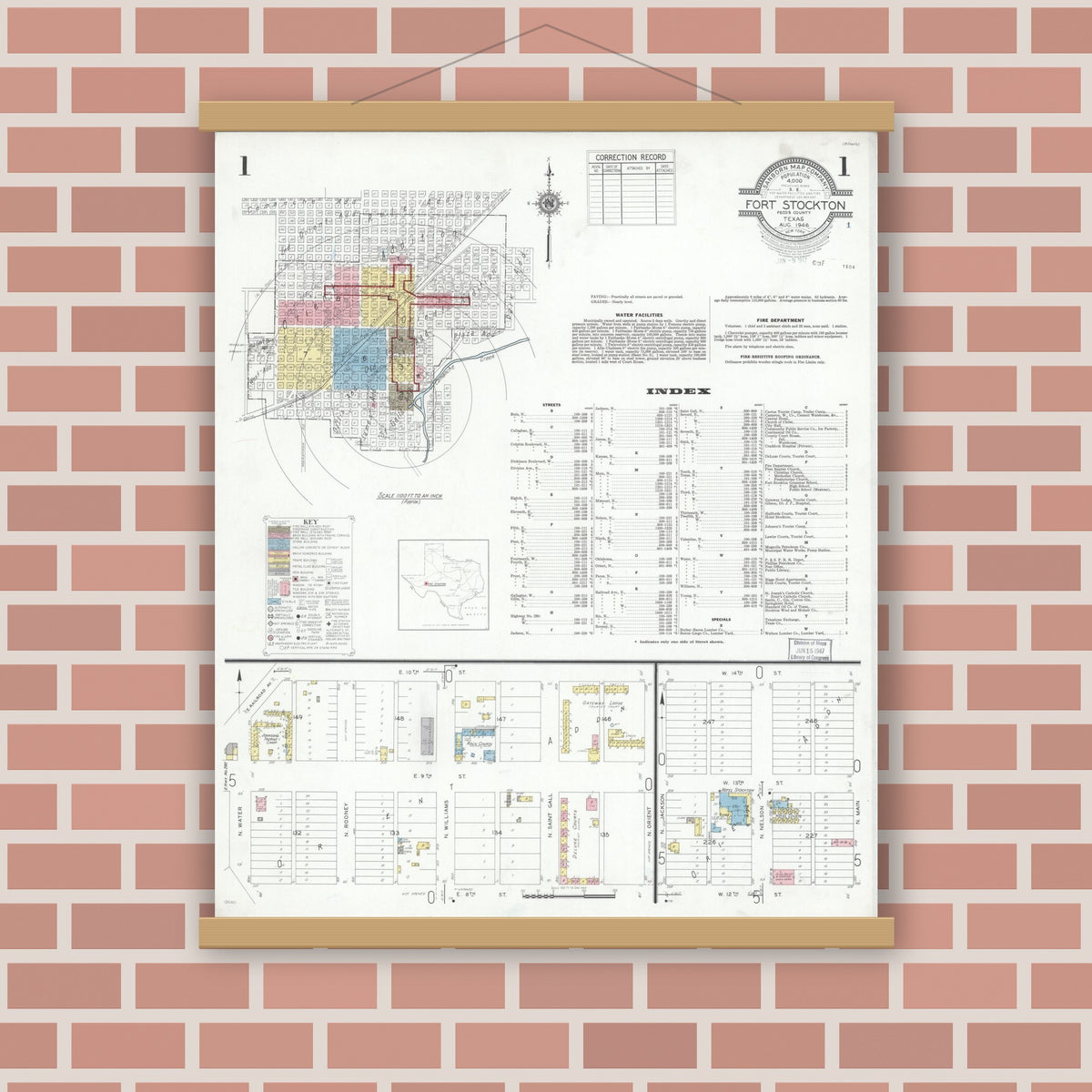 Old map wall art mockup — magnetic wood frame on brick wall — Sanborn Fire Insurance Map from Fort Stockton, Pecos County, Texas (1946), Sheet #0001