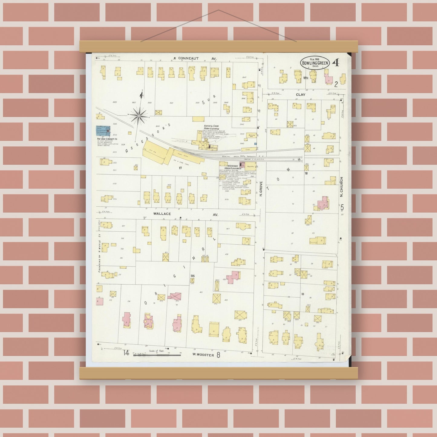 Old map wall art mockup — magnetic wood frame on brick wall — Sanborn Fire Insurance Map from Bowling Green, Wood County, Ohio (1908), Sheet #0004