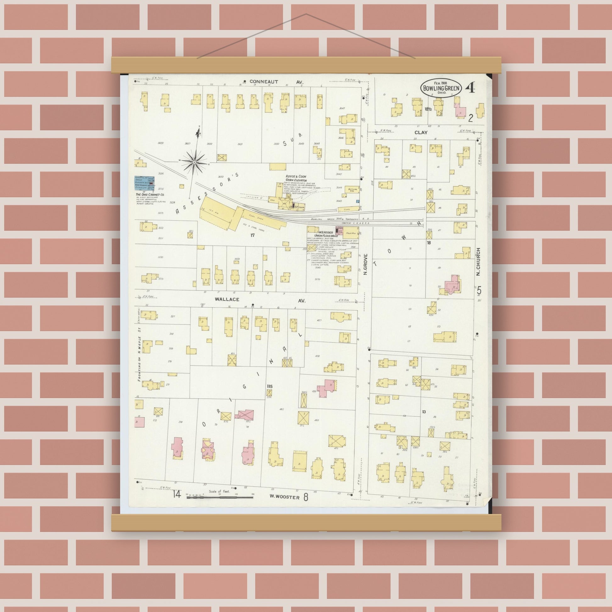 Old map wall art mockup — magnetic wood frame on brick wall — Sanborn Fire Insurance Map from Bowling Green, Wood County, Ohio (1908), Sheet #0004