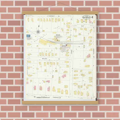 Old map wall art mockup — magnetic wood frame on brick wall — Sanborn Fire Insurance Map from Bowling Green, Wood County, Ohio (1908), Sheet #0004