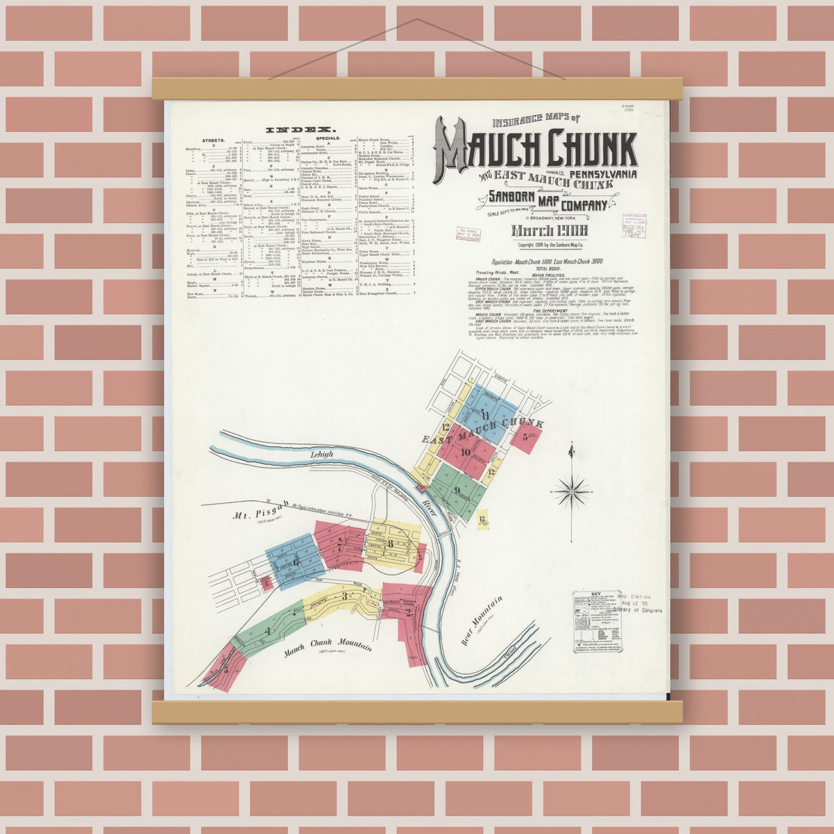 Old map wall art mockup — magnetic wood frame on brick wall — Sanborn Fire Insurance Map from Mauch Chunk, Carbon County, Pennsylvania (1908), Sheet #0001