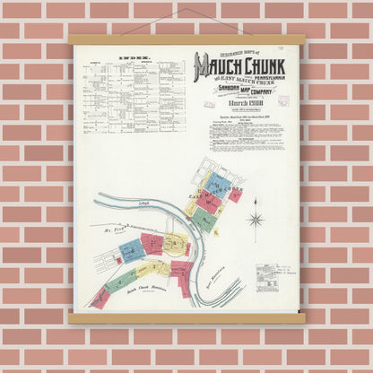 Old map wall art mockup — magnetic wood frame on brick wall — Sanborn Fire Insurance Map from Mauch Chunk, Carbon County, Pennsylvania (1908), Sheet #0001