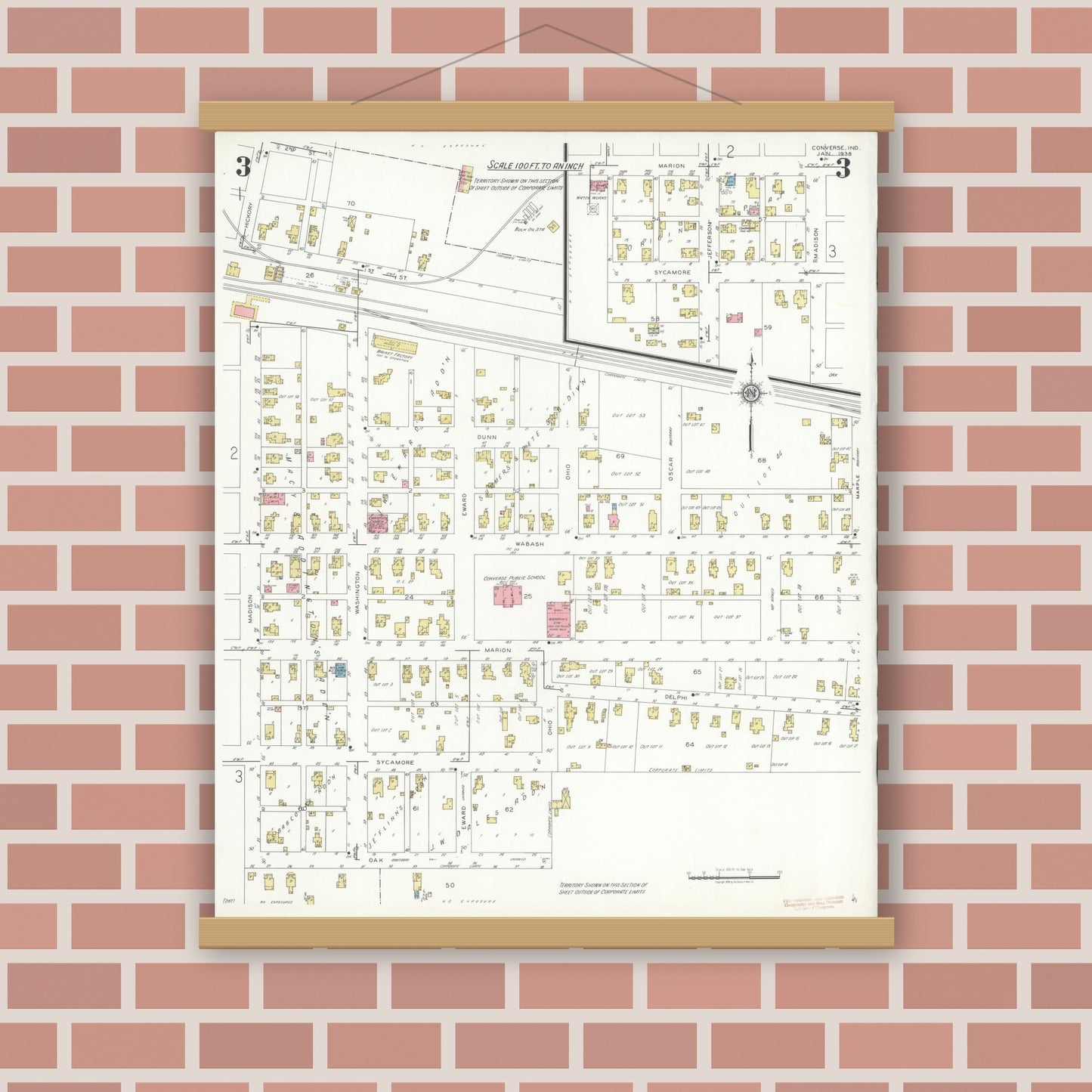 Old map wall art mockup — magnetic wood frame on brick wall — Sanborn Fire Insurance Map from Converse, Miami County, Indiana (1938), Sheet #0003