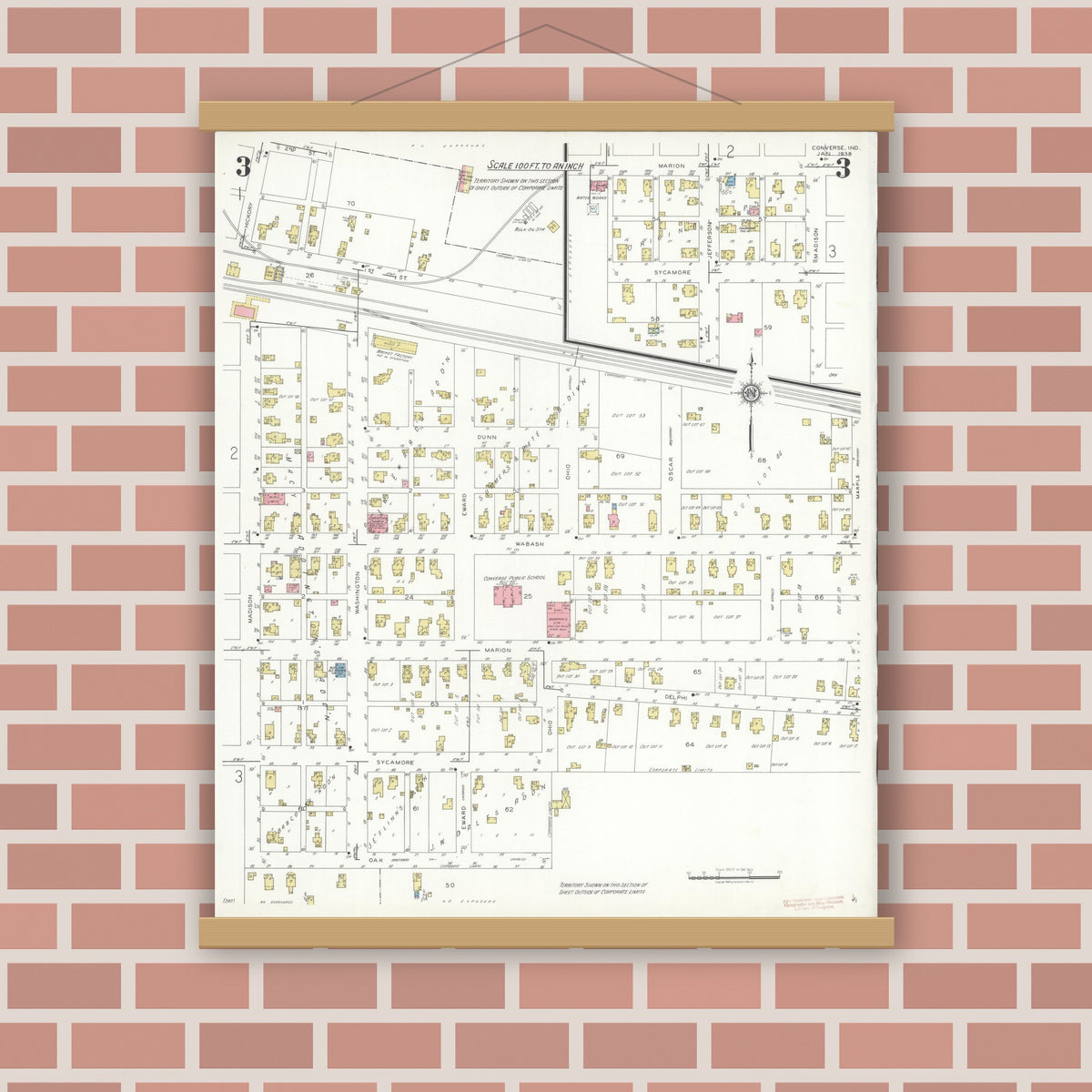 Old map wall art mockup — magnetic wood frame on brick wall — Sanborn Fire Insurance Map from Converse, Miami County, Indiana (1938), Sheet #0003