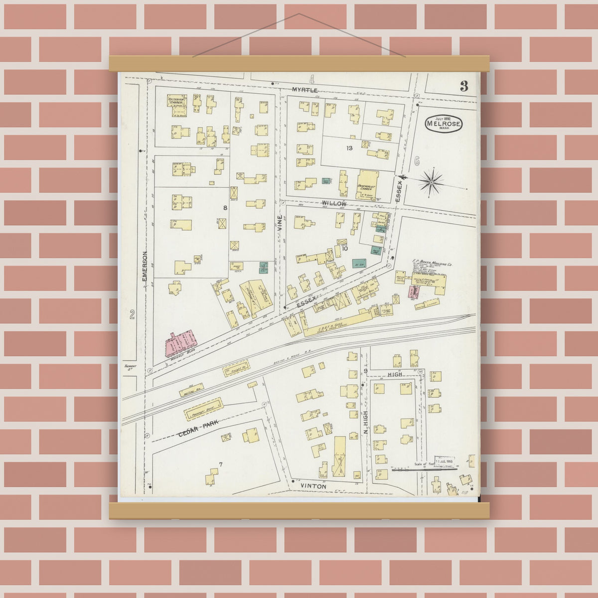Old map wall art mockup — magnetic wood frame on brick wall — Sanborn Fire Insurance Map from Melrose, Middlesex County, Massachusetts (1892), Sheet #0003