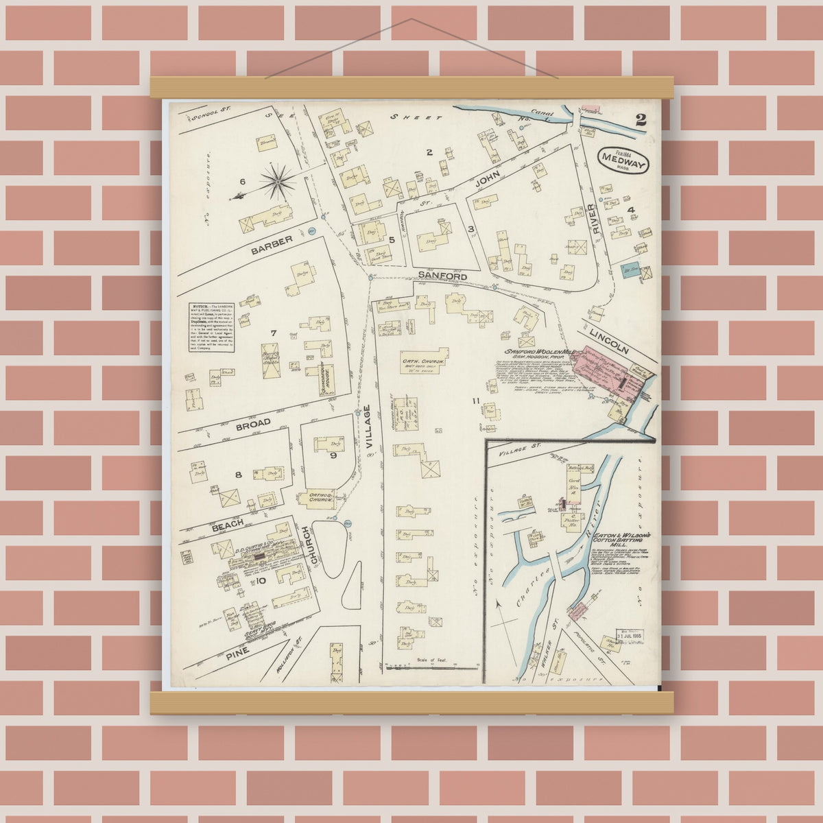 Old map wall art mockup — magnetic wood frame on brick wall — Sanborn Fire Insurance Map from Medway, Norfolk County, Massachusetts (1884), Sheet #0002