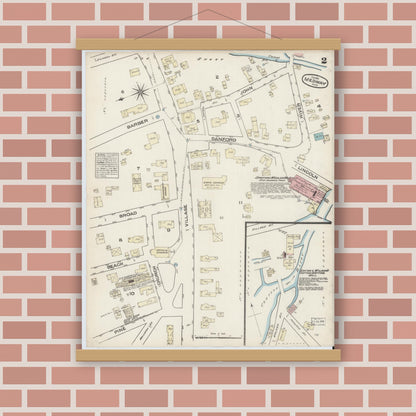 Old map wall art mockup — magnetic wood frame on brick wall — Sanborn Fire Insurance Map from Medway, Norfolk County, Massachusetts (1884), Sheet #0002