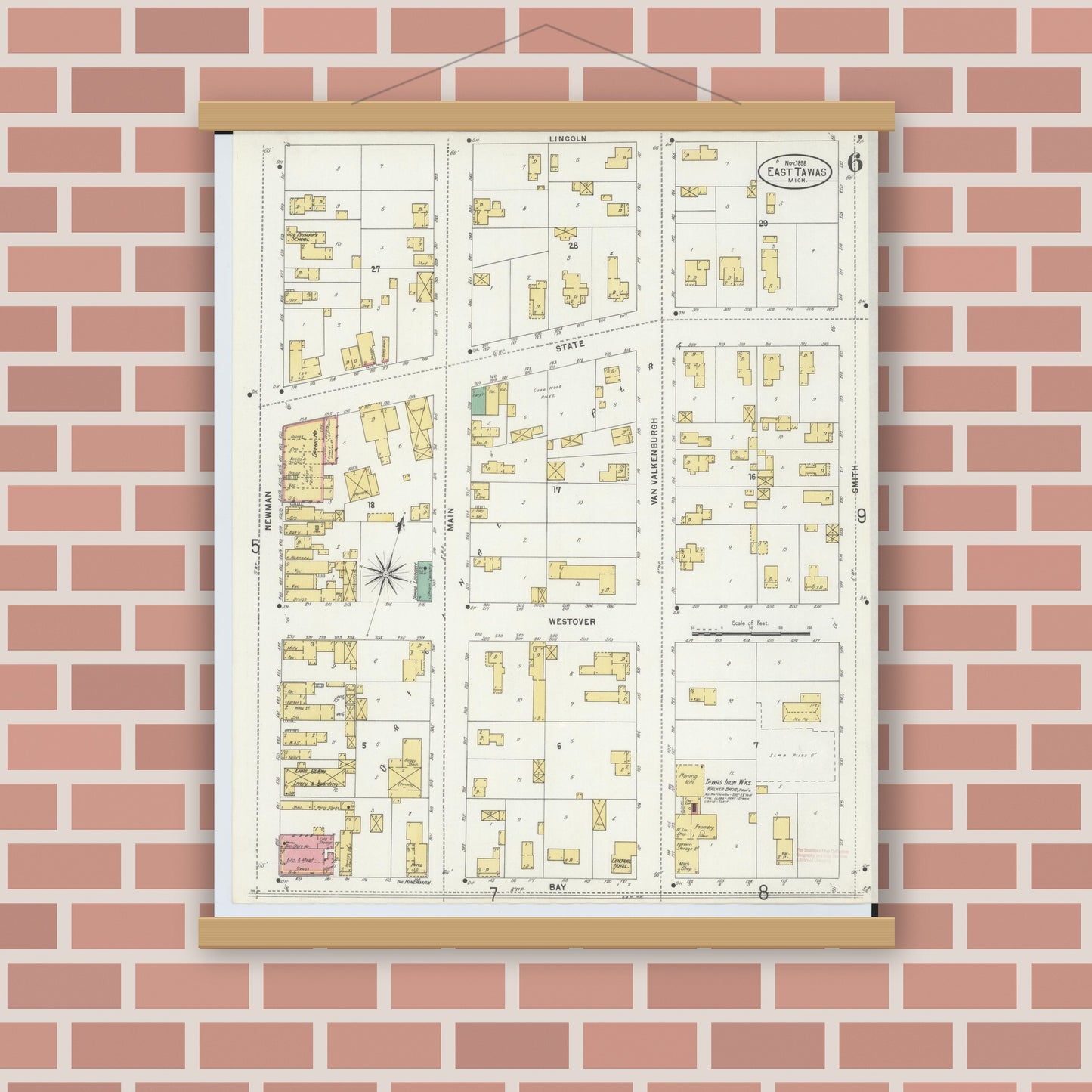 Old map wall art mockup — magnetic wood frame on brick wall — Sanborn Fire Insurance Map from East Tawas, Iosco County, Michigan (1898), Sheet #0006