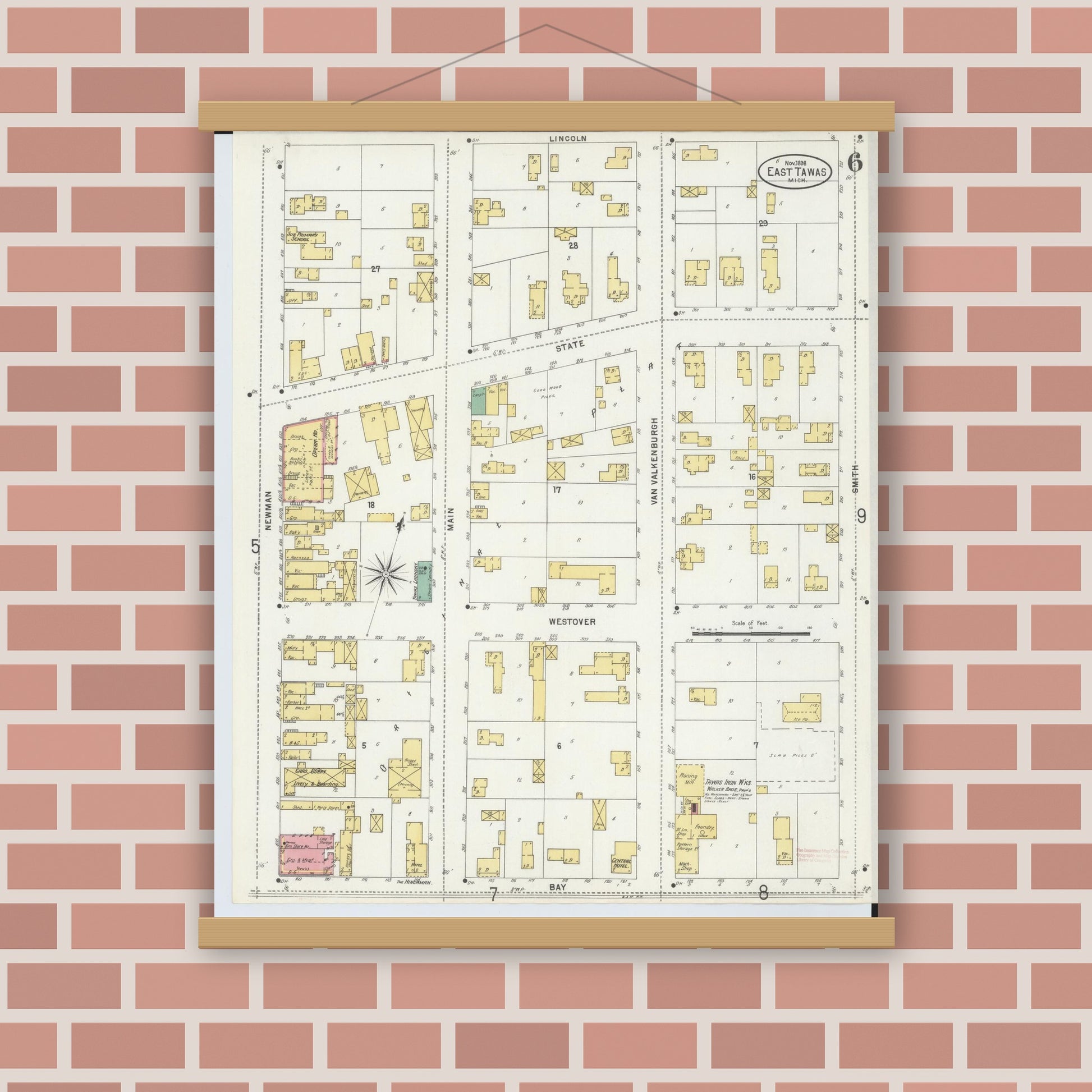 Old map wall art mockup — magnetic wood frame on brick wall — Sanborn Fire Insurance Map from East Tawas, Iosco County, Michigan (1898), Sheet #0006