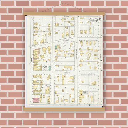 Old map wall art mockup — magnetic wood frame on brick wall — Sanborn Fire Insurance Map from East Tawas, Iosco County, Michigan (1898), Sheet #0006