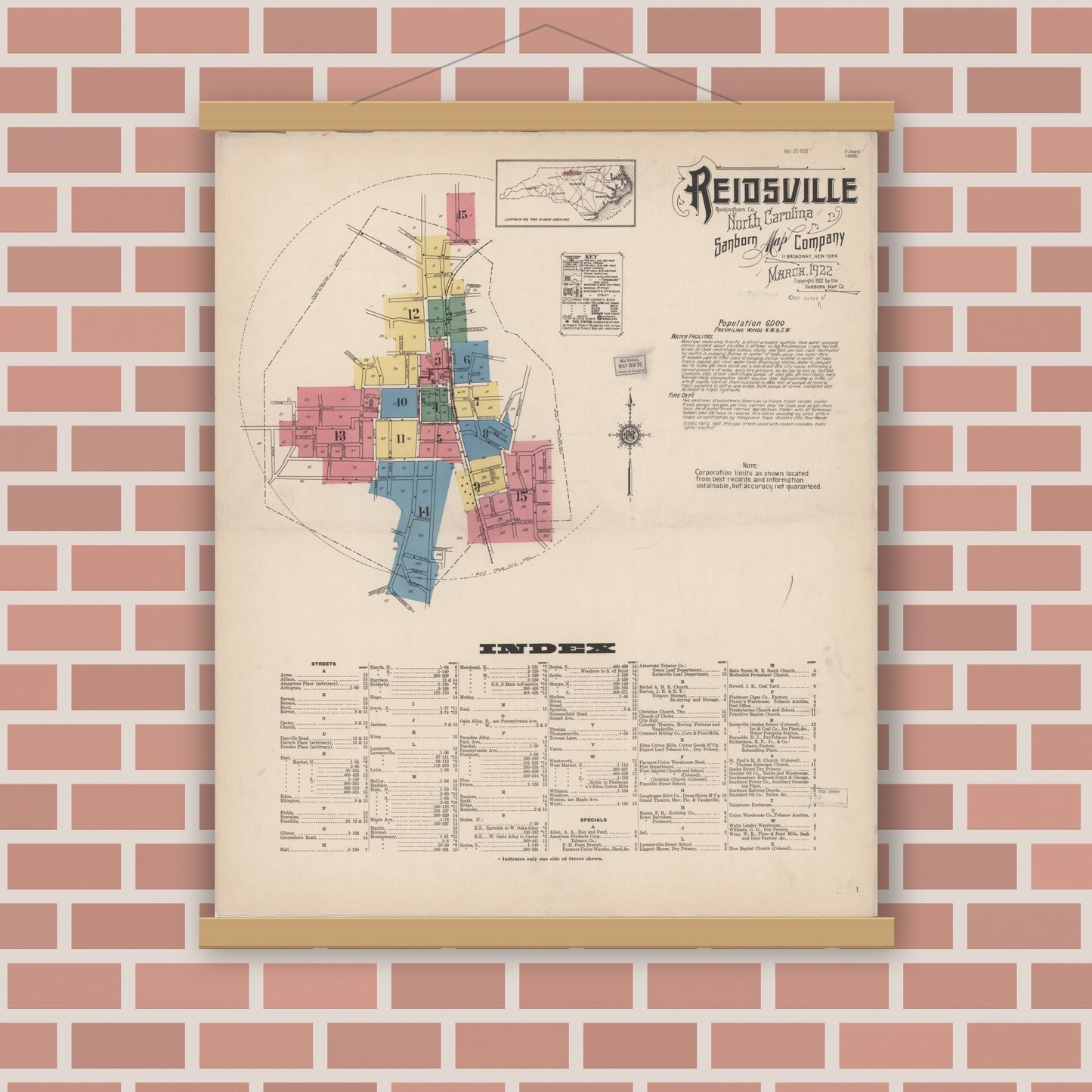 Old map wall art mockup — magnetic wood frame on brick wall — Sanborn Fire Insurance Map from Reidsville, Rockingham County, North Carolina (1922) - Complete Map Set