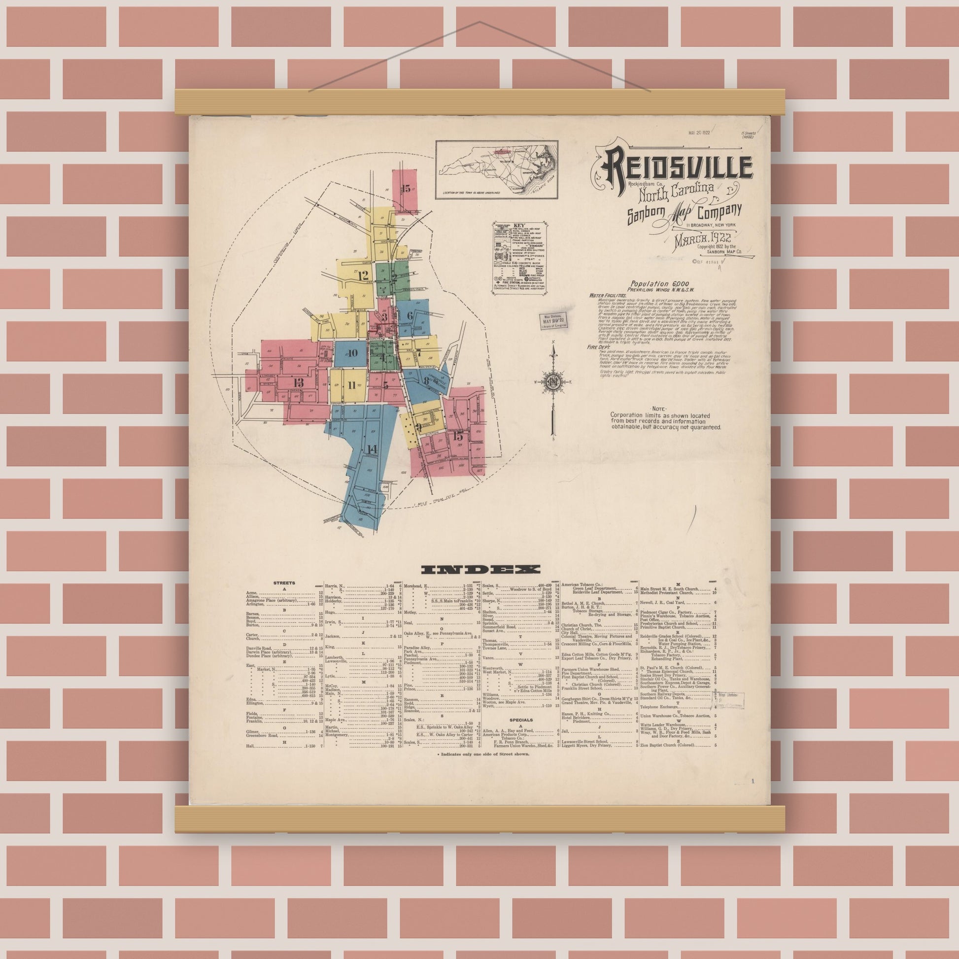 Old map wall art mockup — magnetic wood frame on brick wall — Sanborn Fire Insurance Map from Reidsville, Rockingham County, North Carolina (1922) - Complete Map Set