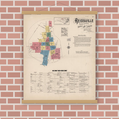 Old map wall art mockup — magnetic wood frame on brick wall — Sanborn Fire Insurance Map from Reidsville, Rockingham County, North Carolina (1922) - Complete Map Set