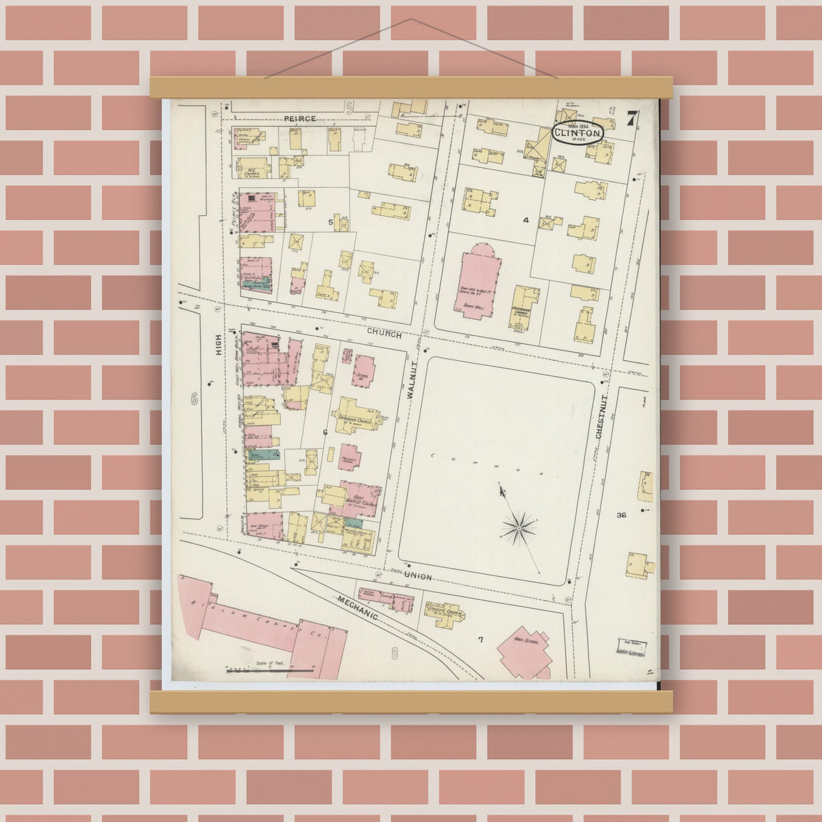 Old map wall art mockup — magnetic wood frame on brick wall — Sanborn Fire Insurance Map from Clinton, Worcester County, Massachusetts (1894), Sheet #0007