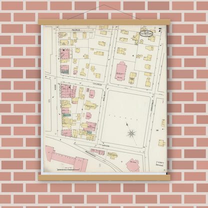 Old map wall art mockup — magnetic wood frame on brick wall — Sanborn Fire Insurance Map from Clinton, Worcester County, Massachusetts (1894), Sheet #0007