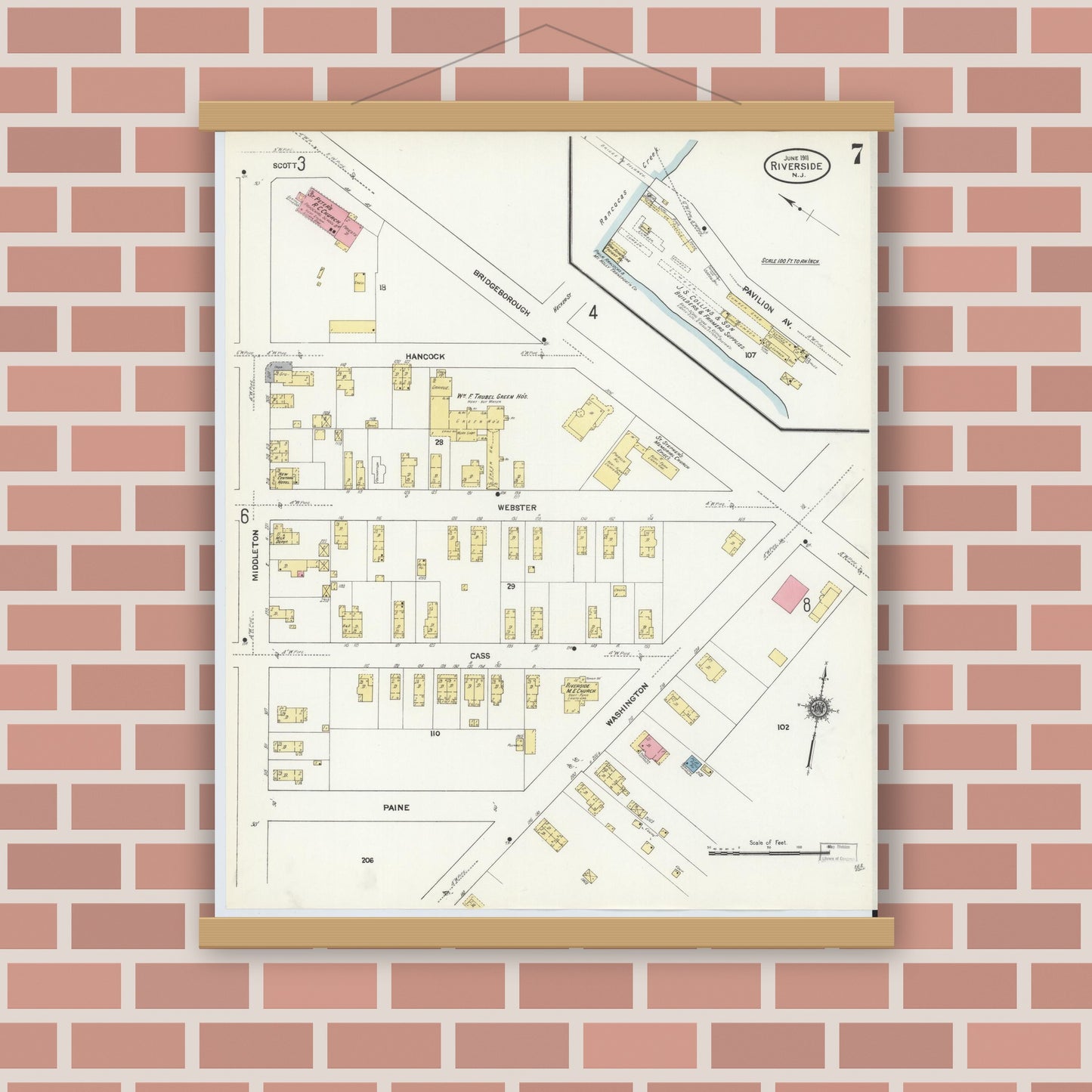 Old map wall art mockup — magnetic wood frame on brick wall — Sanborn Fire Insurance Map from Riverside, Burlington County, New Jersey (1911), Sheet #0007