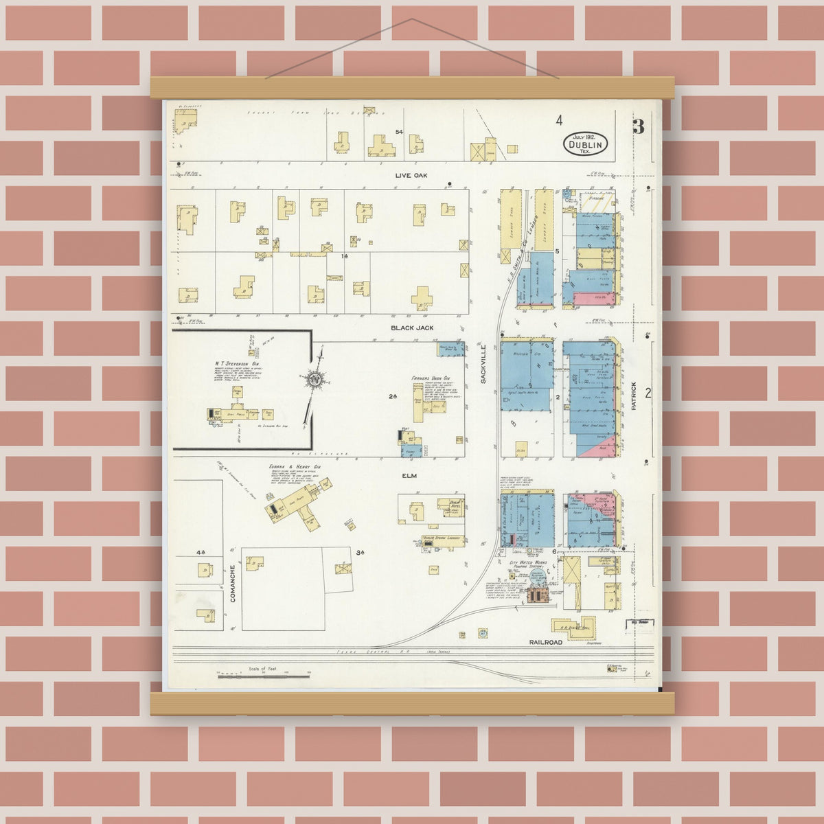 Old map wall art mockup — magnetic wood frame on brick wall — Sanborn Fire Insurance Map from Dublin, Erath County, Texas (1912), Sheet #0003