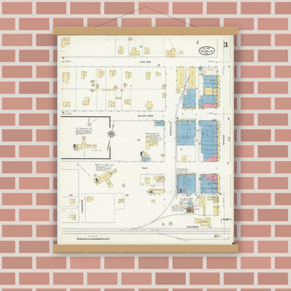 Old map wall art mockup — magnetic wood frame on brick wall — Sanborn Fire Insurance Map from Dublin, Erath County, Texas (1912), Sheet #0003