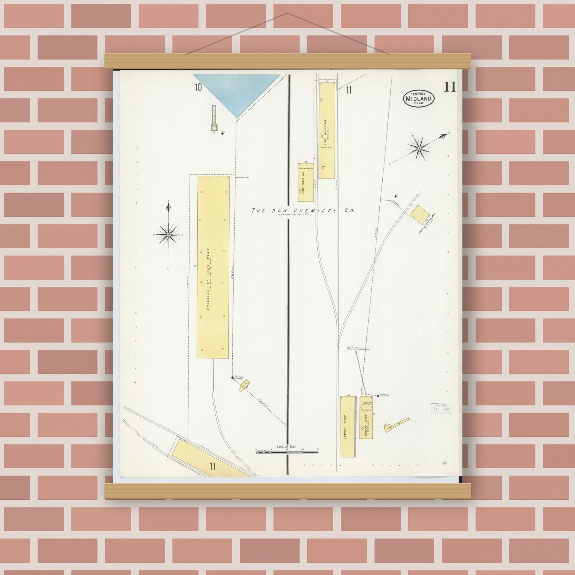 Old map wall art mockup — magnetic wood frame on brick wall — Sanborn Fire Insurance Map from Midland, Midland County, Michigan (1909), Sheet #0011