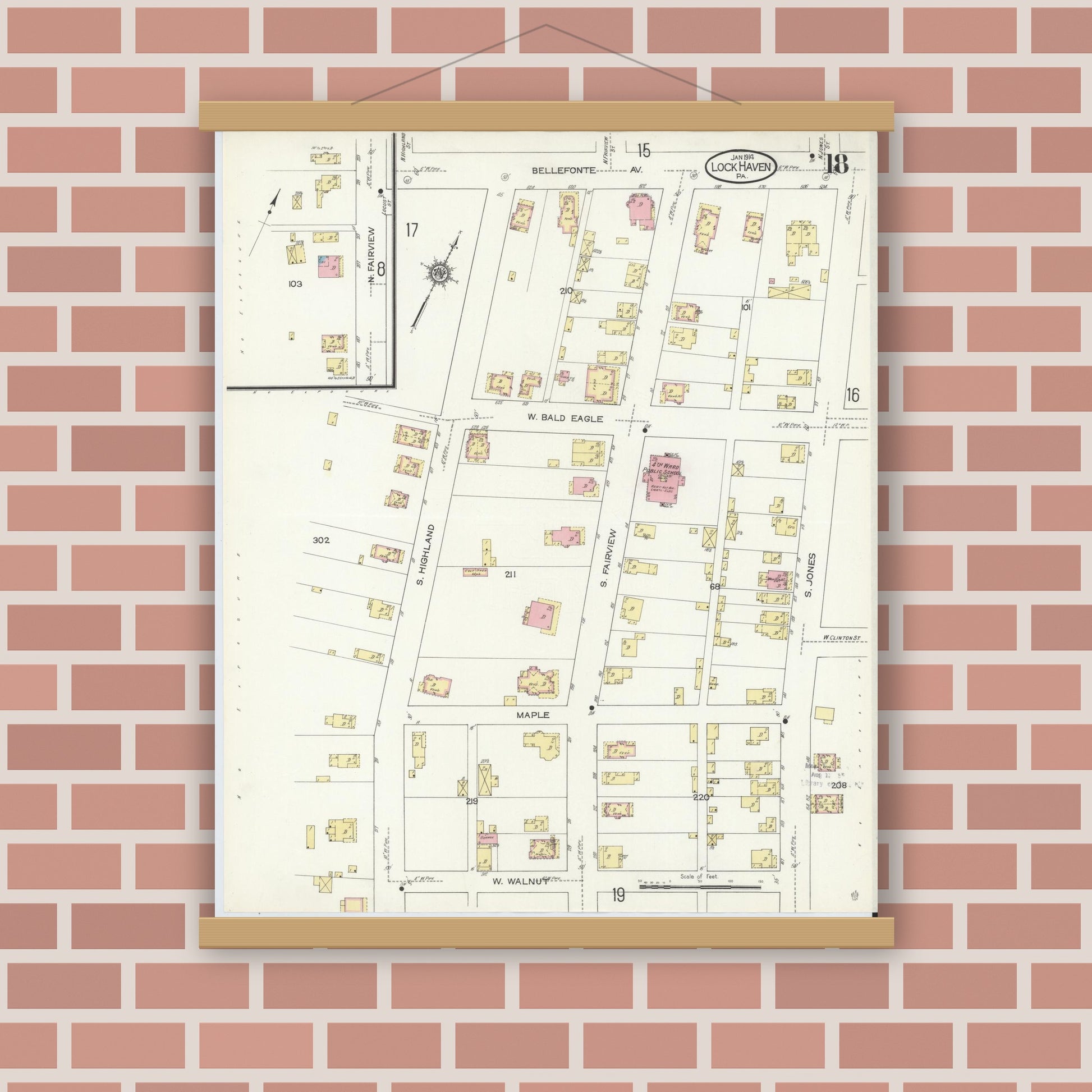 Old map wall art mockup — magnetic wood frame on brick wall — Sanborn Fire Insurance Map from Lock Haven, Clinton County, Pennsylvania (1914), Sheet #0018