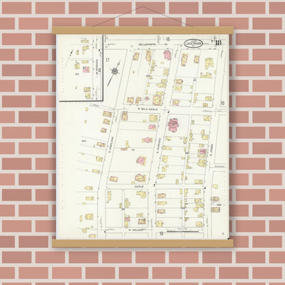 Old map wall art mockup — magnetic wood frame on brick wall — Sanborn Fire Insurance Map from Lock Haven, Clinton County, Pennsylvania (1914), Sheet #0018