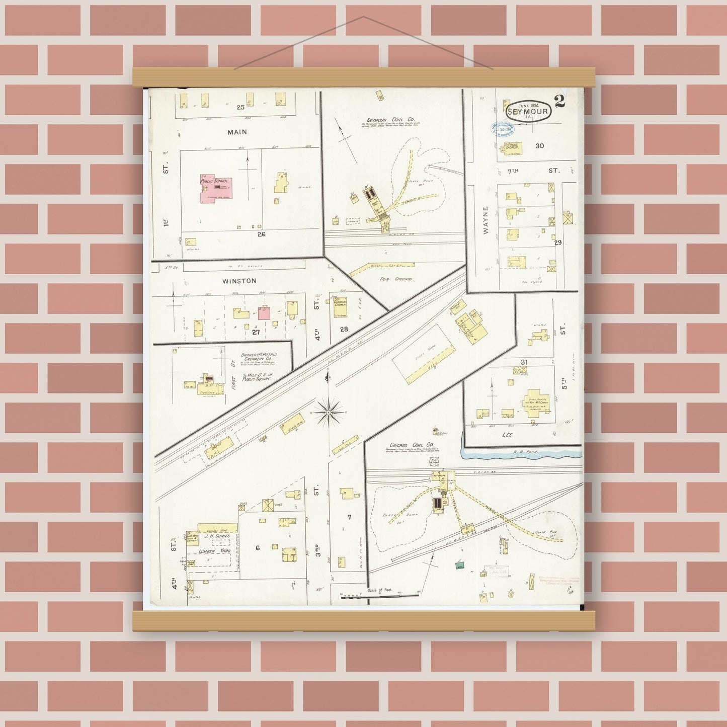 Old map wall art mockup — magnetic wood frame on brick wall — Sanborn Fire Insurance Map from Seymour, Wayne County, Iowa (1894), Sheet #0002
