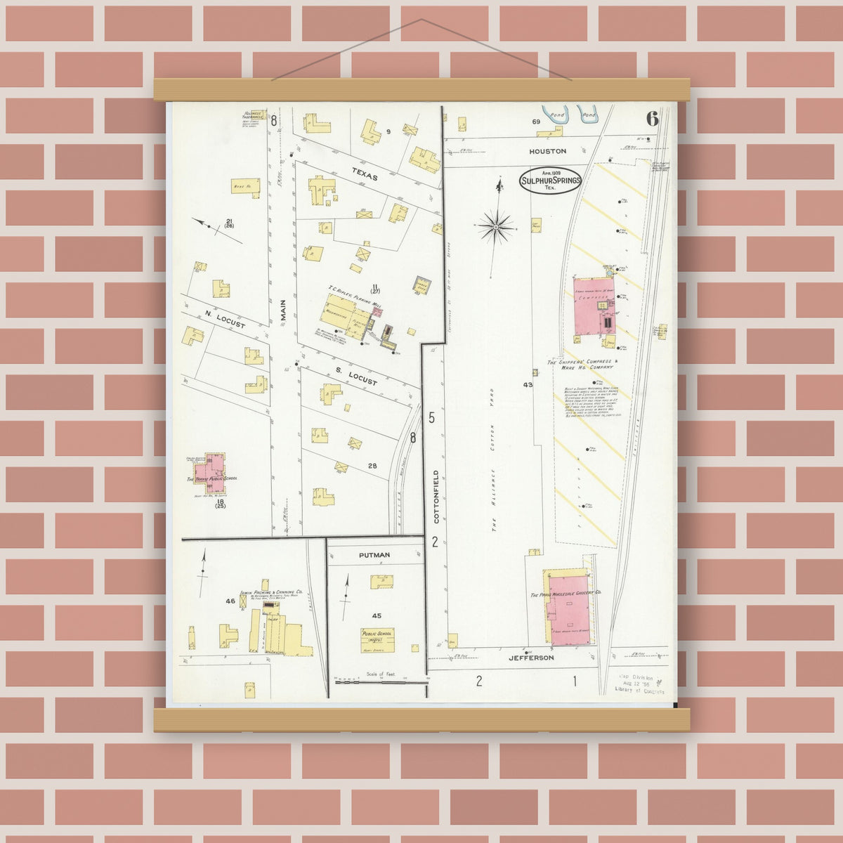Old map wall art mockup — magnetic wood frame on brick wall — Sanborn Fire Insurance Map from Sulphur Springs, Hopkins County, Texas (1909), Sheet #0006