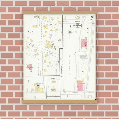 Old map wall art mockup — magnetic wood frame on brick wall — Sanborn Fire Insurance Map from Sulphur Springs, Hopkins County, Texas (1909), Sheet #0006