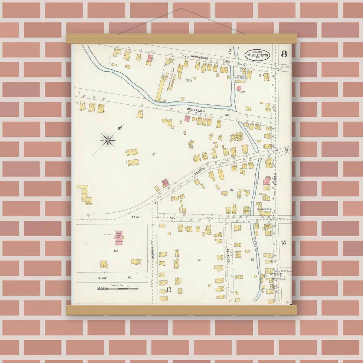 Old map wall art mockup — magnetic wood frame on brick wall — Sanborn Fire Insurance Map from Middletown, Orange County, New York (1904), Sheet #0008