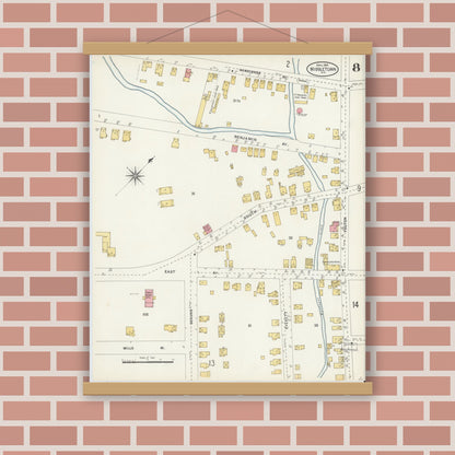 Old map wall art mockup — magnetic wood frame on brick wall — Sanborn Fire Insurance Map from Middletown, Orange County, New York (1904), Sheet #0008