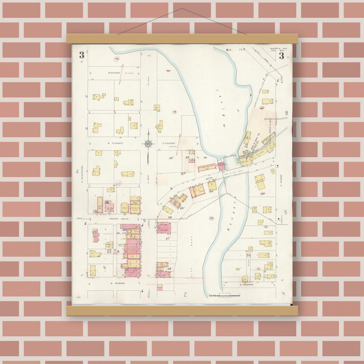 Old map wall art mockup — magnetic wood frame on brick wall — Sanborn Fire Insurance Map from Waupaca, Waupaca County, Wisconsin (1941), Sheet #0003