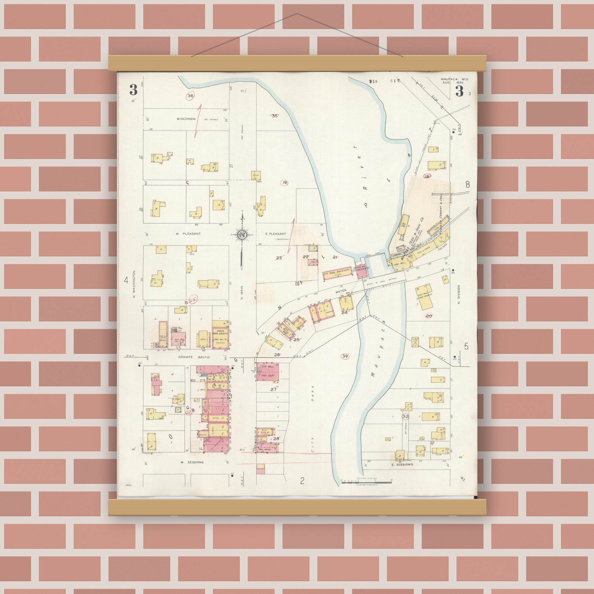 Old map wall art mockup — magnetic wood frame on brick wall — Sanborn Fire Insurance Map from Waupaca, Waupaca County, Wisconsin (1941), Sheet #0003