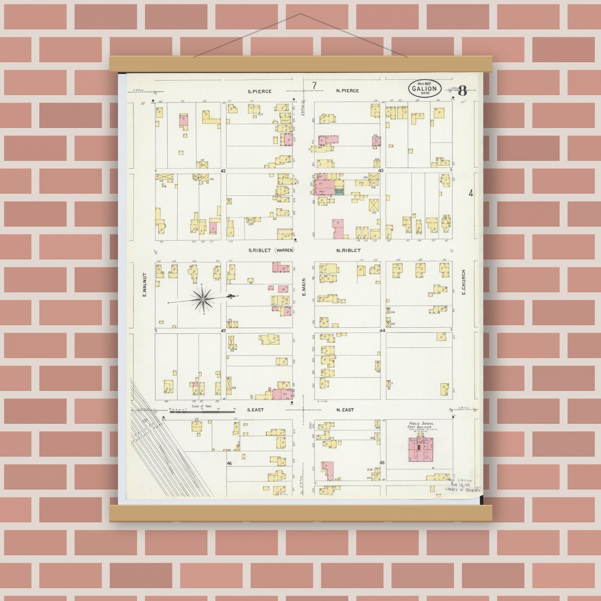 Old map wall art mockup — magnetic wood frame on brick wall — Sanborn Fire Insurance Map from Galion, Crawford County, Ohio (1907), Sheet #0008
