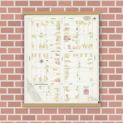 Old map wall art mockup — magnetic wood frame on brick wall — Sanborn Fire Insurance Map from Galion, Crawford County, Ohio (1907), Sheet #0008