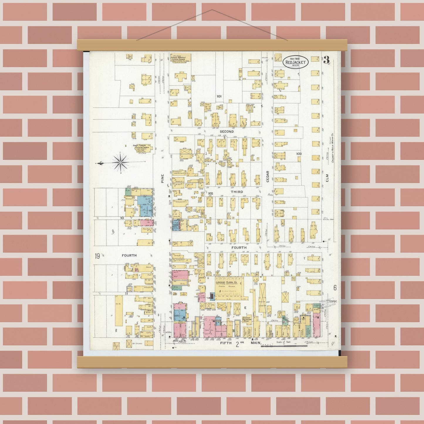 Old map wall art mockup — magnetic wood frame on brick wall — Sanborn Fire Insurance Map from Red Jacket, Houghton County, Michigan (1908), Sheet #0003