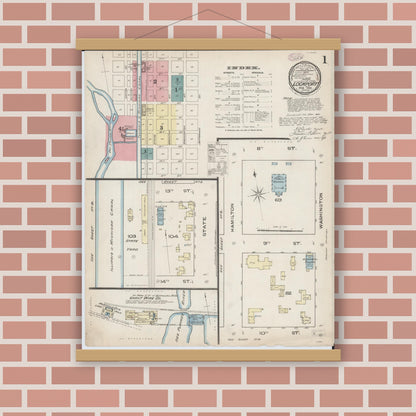 Old map wall art mockup — magnetic wood frame on brick wall — Sanborn Fire Insurance Map from Lockport, Will County, Illinois (1886), Sheet #0001