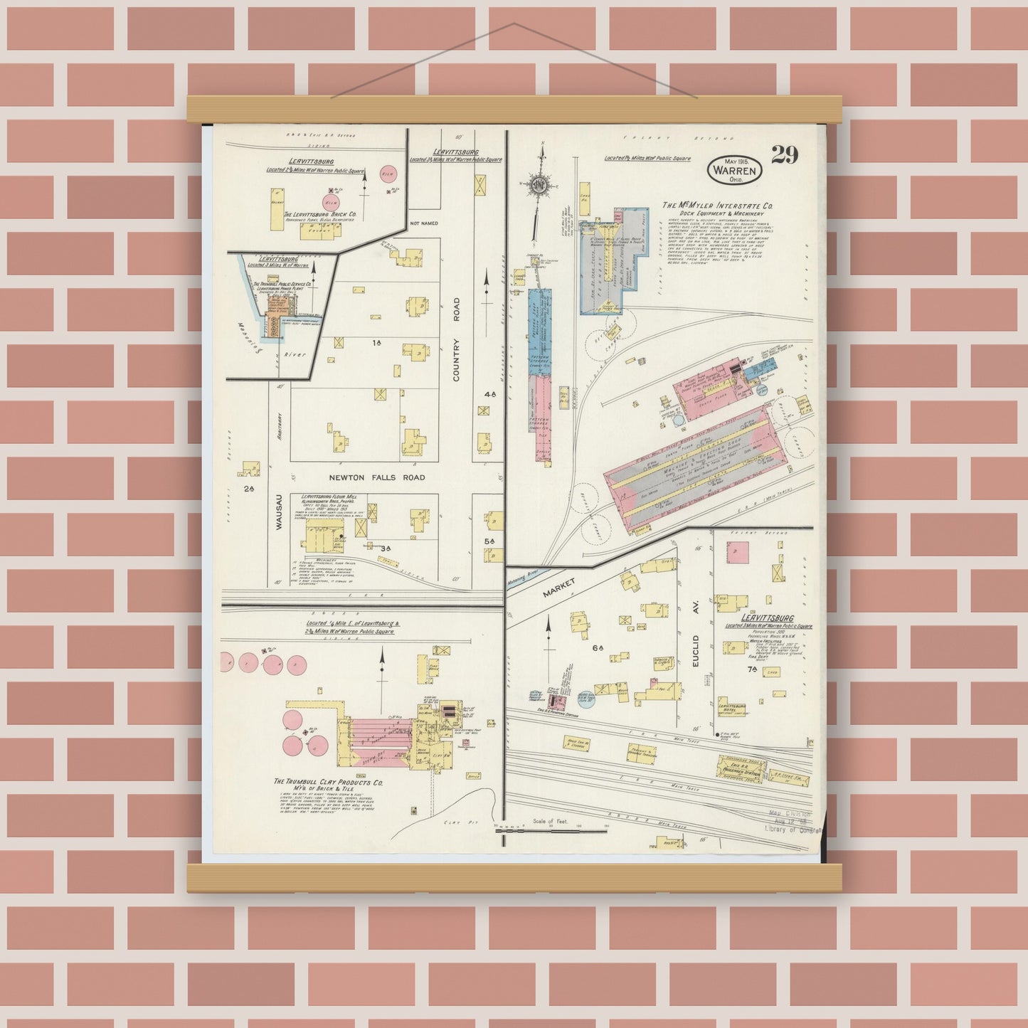 Old map wall art mockup — magnetic wood frame on brick wall — Sanborn Fire Insurance Map from Warren, Trumbull County, Ohio (1915), Sheet #0029