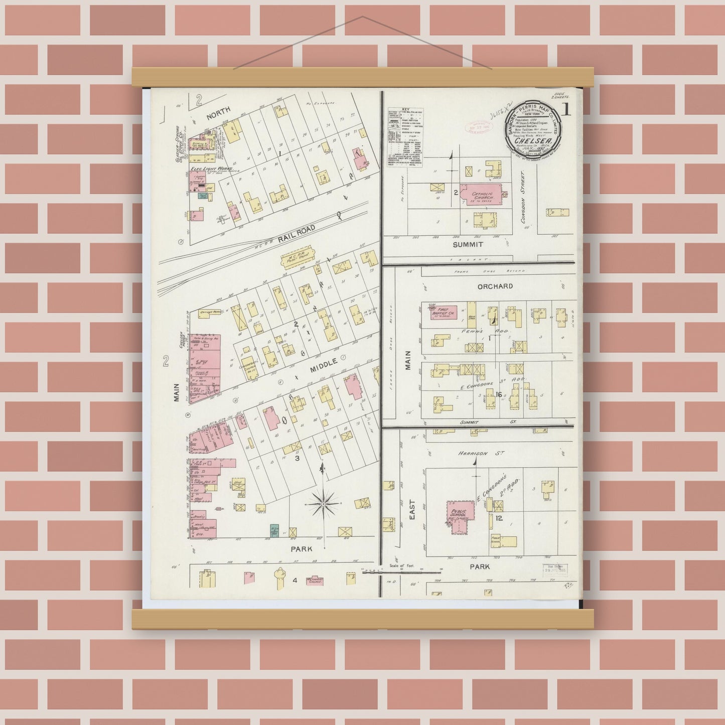Old map wall art mockup — magnetic wood frame on brick wall — Sanborn Fire Insurance Map from Chelsea, Washtenaw County, Michigan (1892) - Complete Map Set